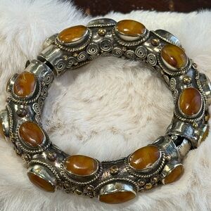 Antique Bracelet, Silver Amber, Tibet or Bhutan, Himalayan Tribal Bracelet